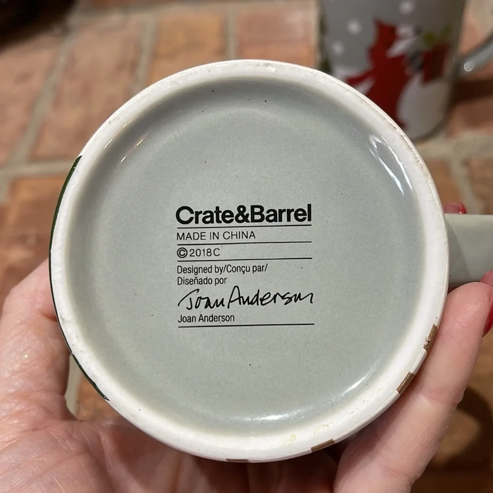 Crate&Barrel Gray Woodland Critters Fox Deer Bunny Cardinal Set of 2 Mugs
